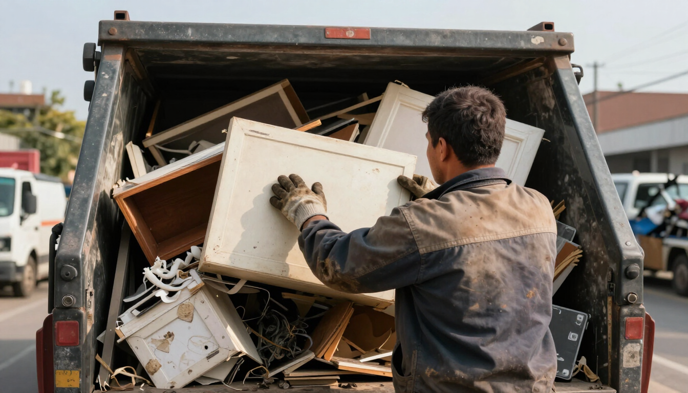 Person loading discarded furniture into a garbage truck at a curbside recycling site