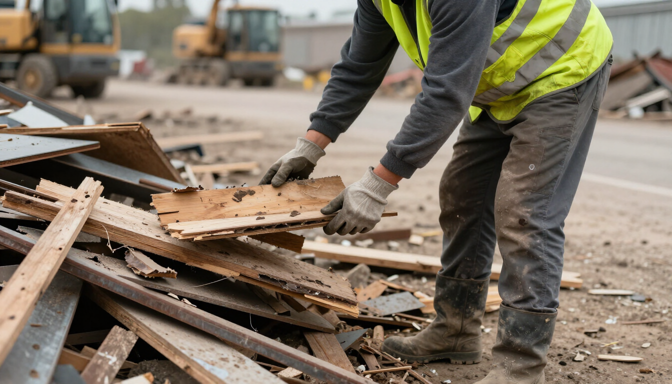 Construction worker in a neon safety vest lifting debris on a rubble-strewn roadside cleanup site