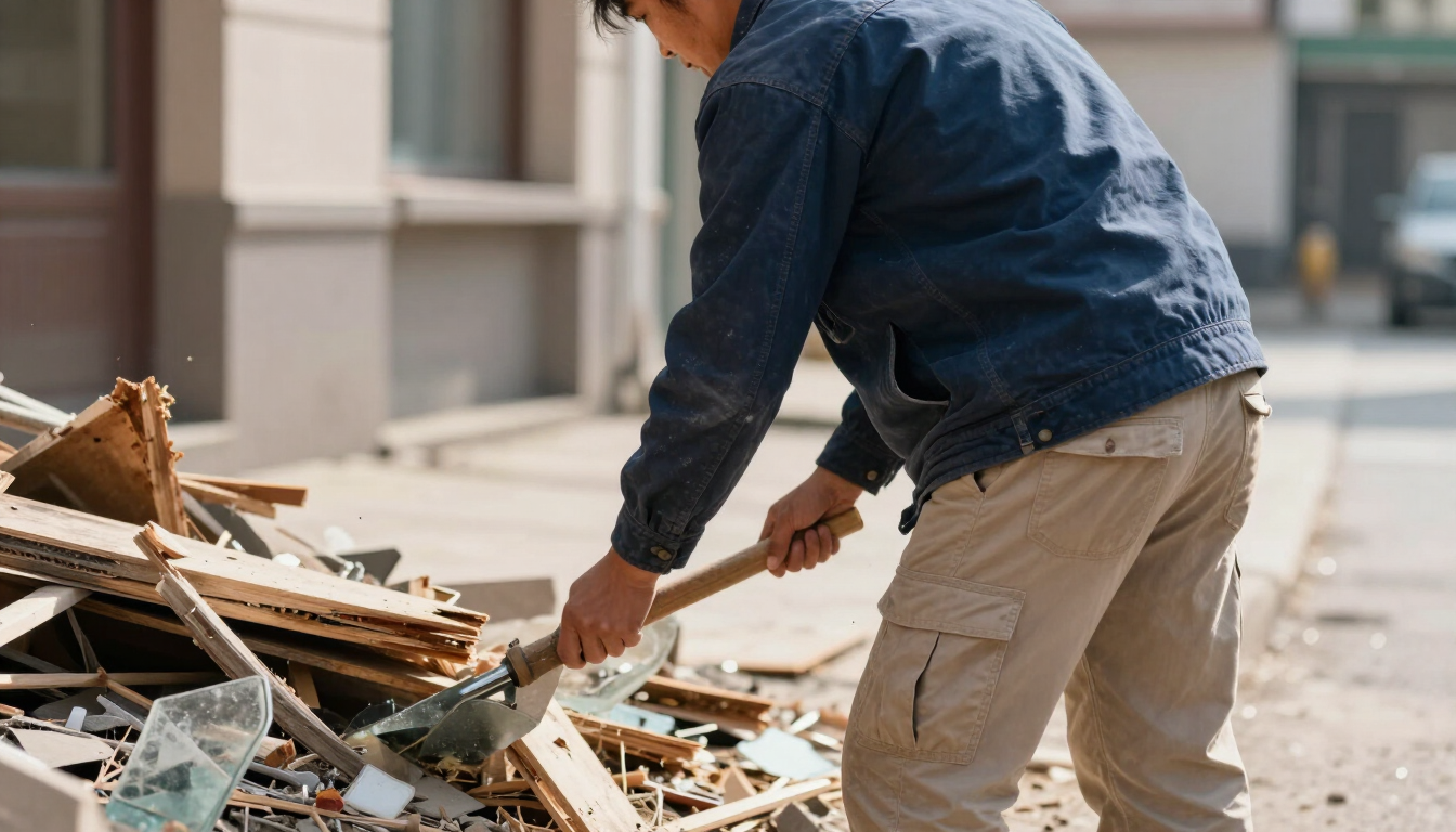 Person in blue jacket and tan pants shovels debris at a construction site.