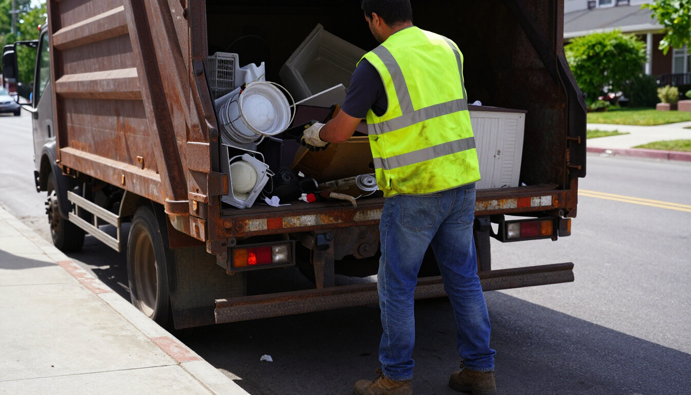 Worker in a neon safety vest loading trash into a garbage truck on a street