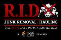 R.I.D Junk Removal Hauling logo with red and white text on black background, plus Rock Steel Company branding