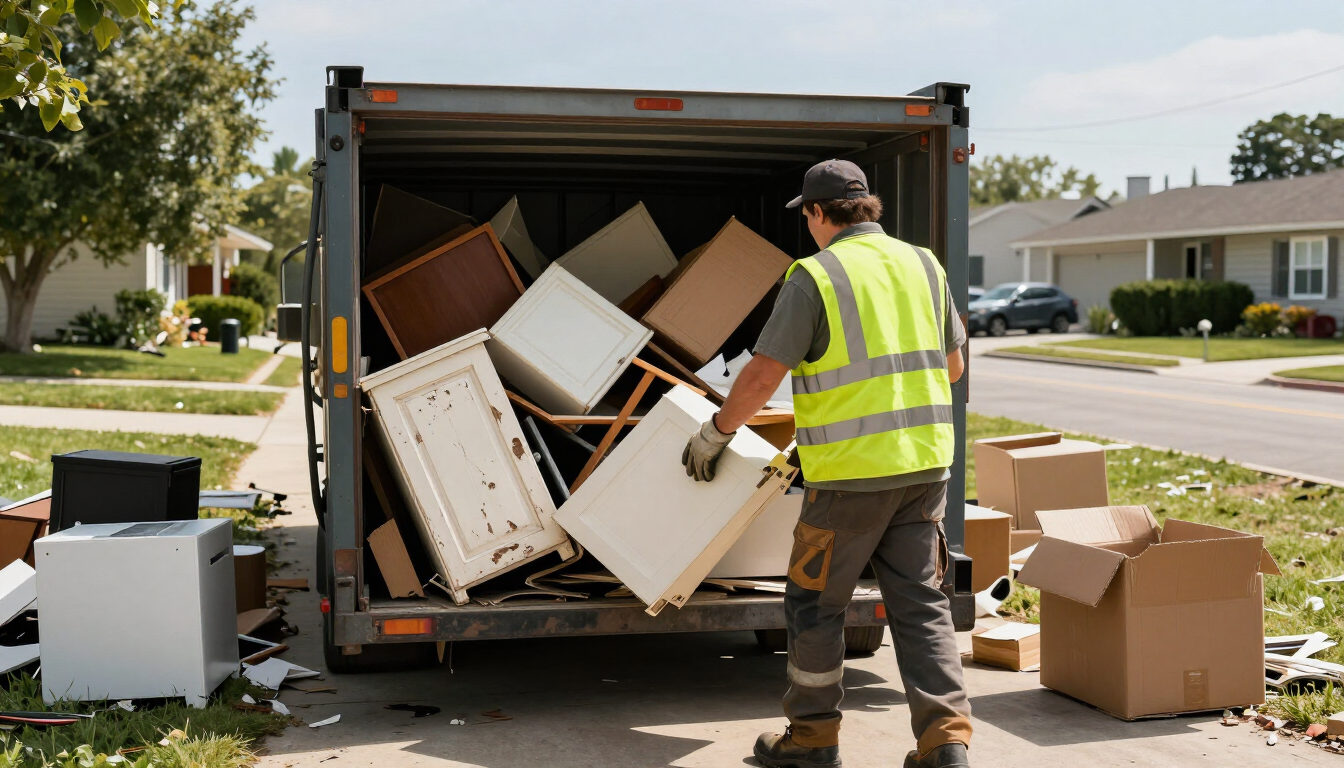 Worker in neon safety vest unloading cardboard boxes from a truck on a suburban street