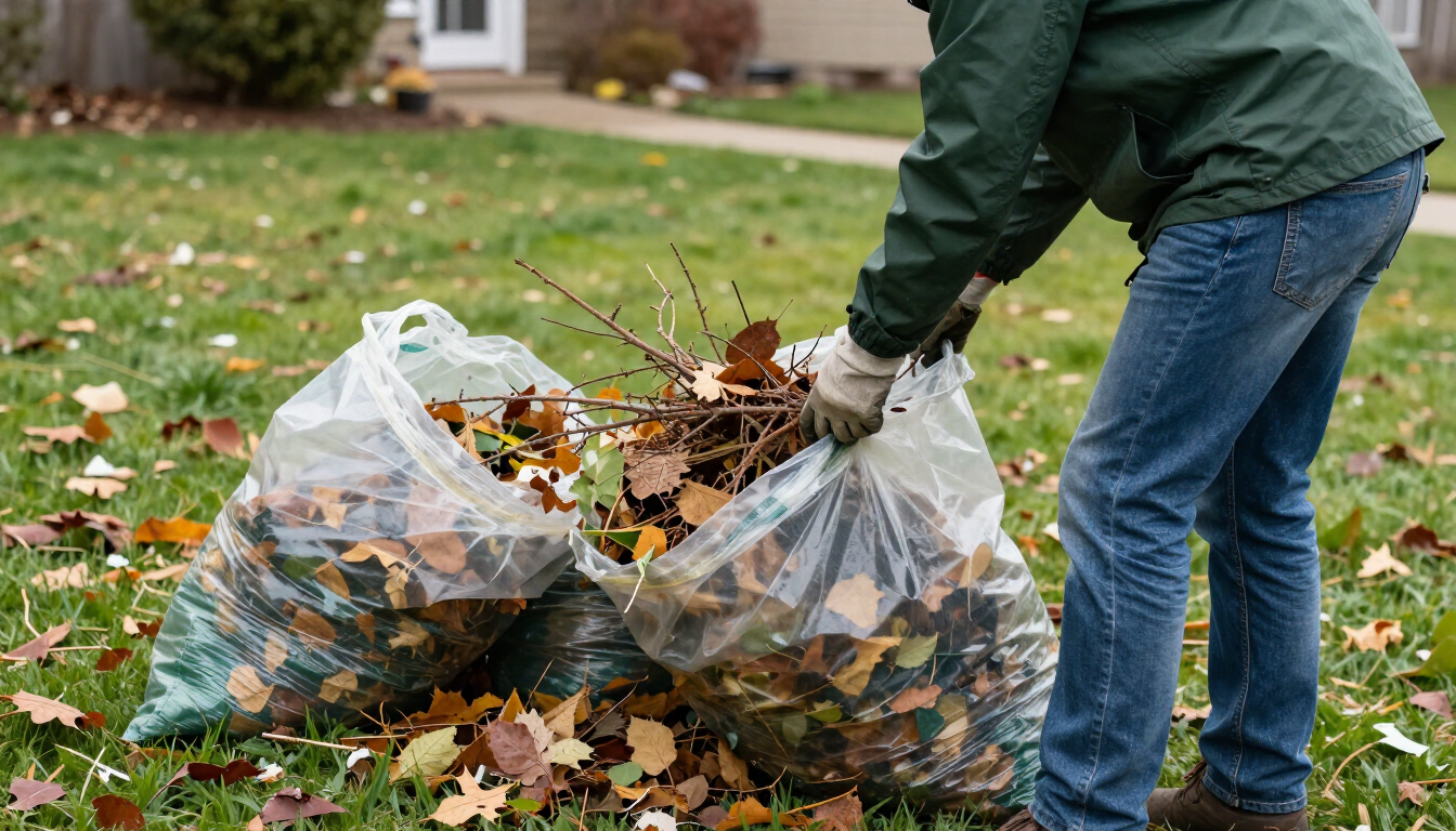 Person raking autumn leaves into two clear bags on a grassy lawn