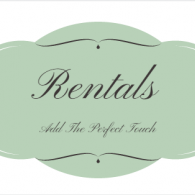 Mint green rentals logo with cursive “Rentals” and the tagline “Add The Perfect Touch”