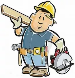 Cartoon construction worker in a hard hat carrying a wooden plank and holding a circular saw.