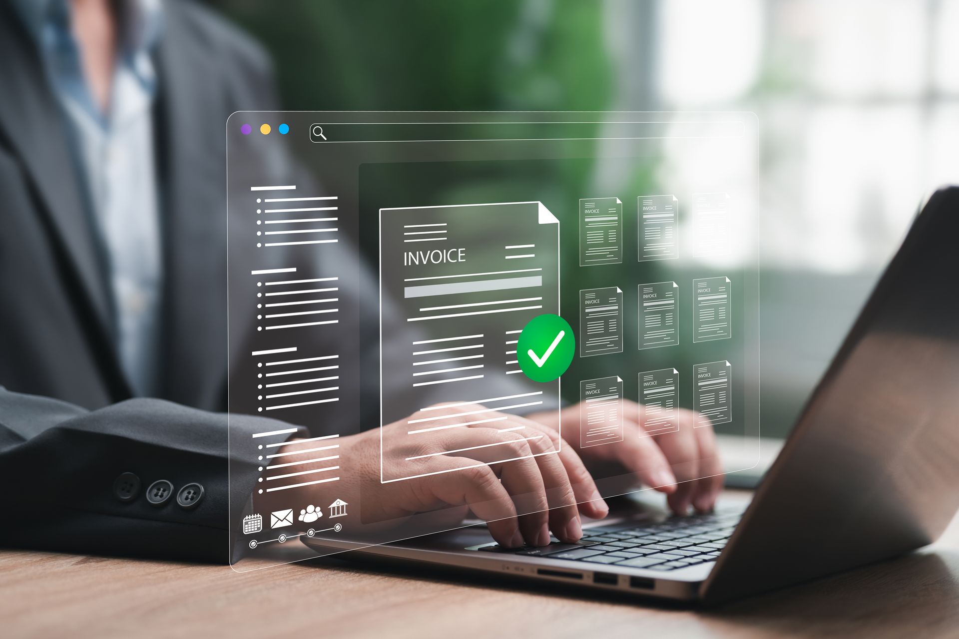 Person using laptop, interacting with a digital invoice with a green checkmark, possibly approving payment.