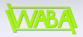 Neon green stylized “WABA” text logo on a white background