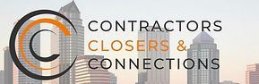 Logo for Contractors Closers & Connections with black and orange text over a city skyline backdrop