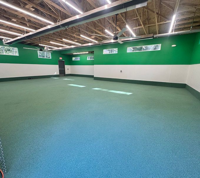 Empty indoor room with green walls, white trim, exposed ceiling beams, and a blue carpeted floor