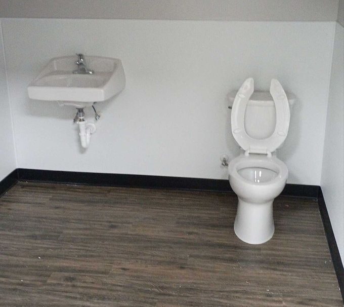 Empty bathroom with white sink and toilet, gray wood-look floor, and white walls