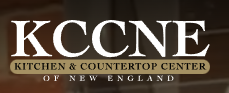 KCCNE Kitchen & Countertop Center of New England logo in white and gold on a dark background