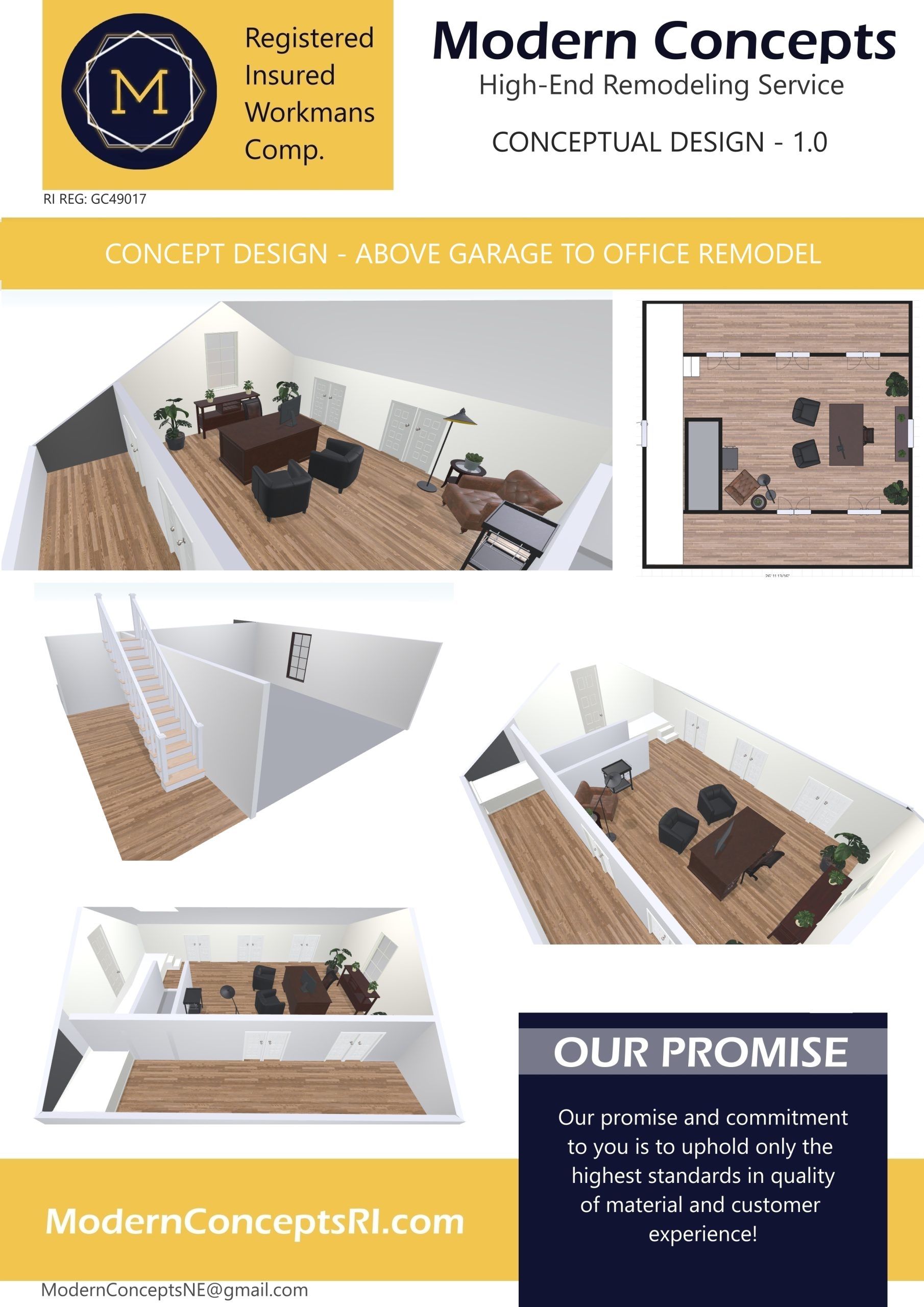 Modern Concepts flooring ad with room renderings, logo, and “Our Promise” banner on tan and navy background