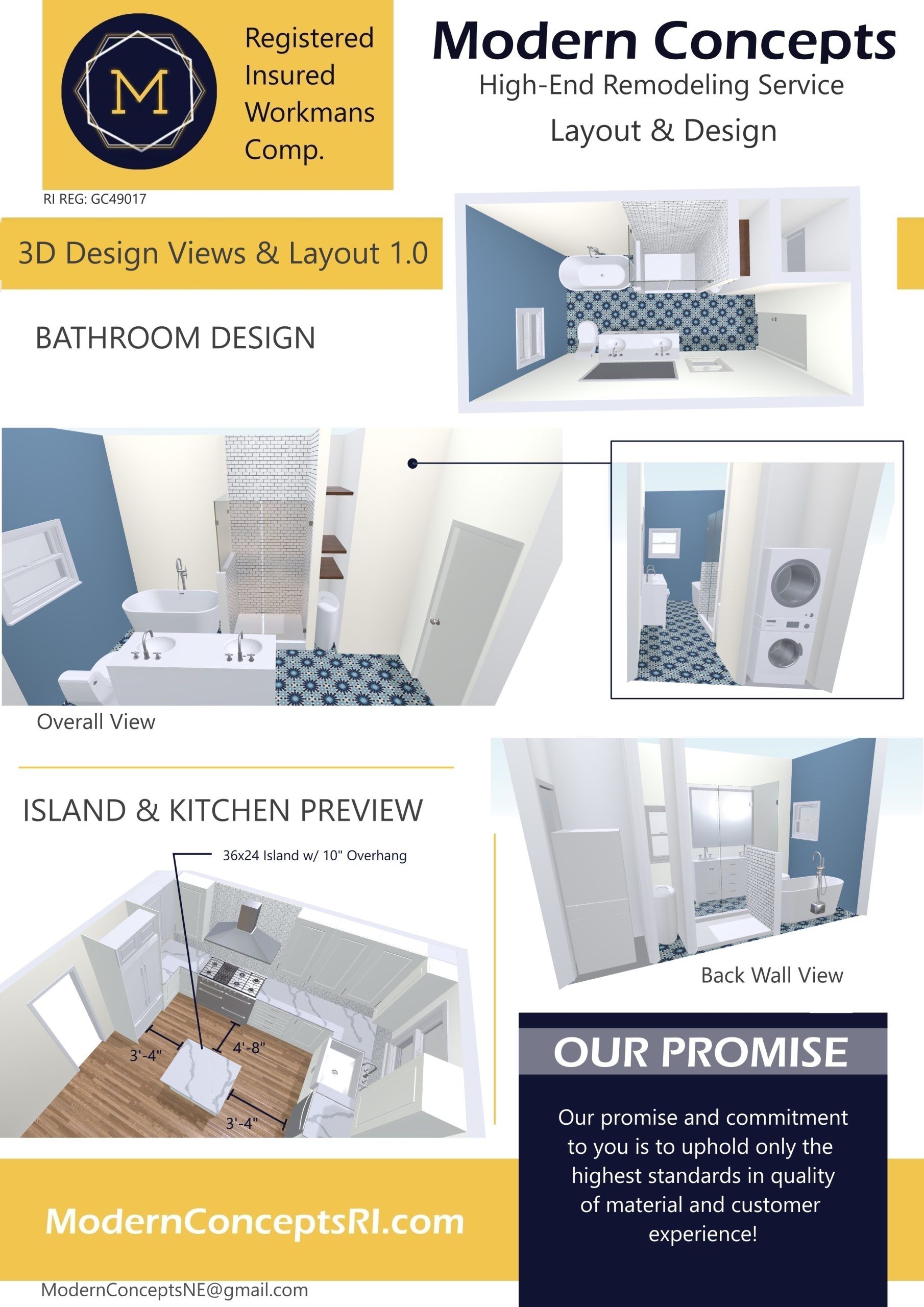 Modern Concepts apartment renovation promo with 3D layout and before-and-after bathroom renderings