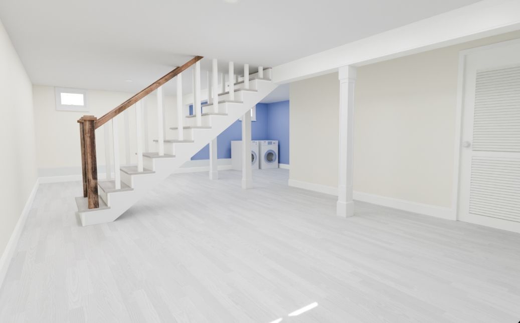 Bright white room with staircase, wooden handrail, and blue-accented hallway in the background