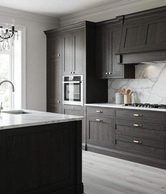 Modern dark-gray kitchen with marble countertops, white backsplash, built-in oven, and gas cooktop.