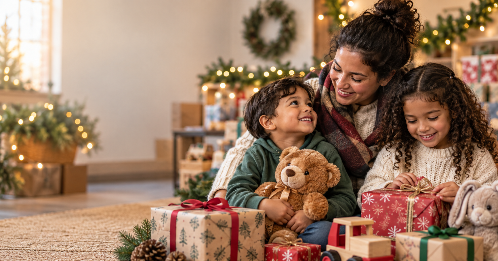 Woman and two children opening Christmas presents by a decorated tree, with a teddy bear nearby.