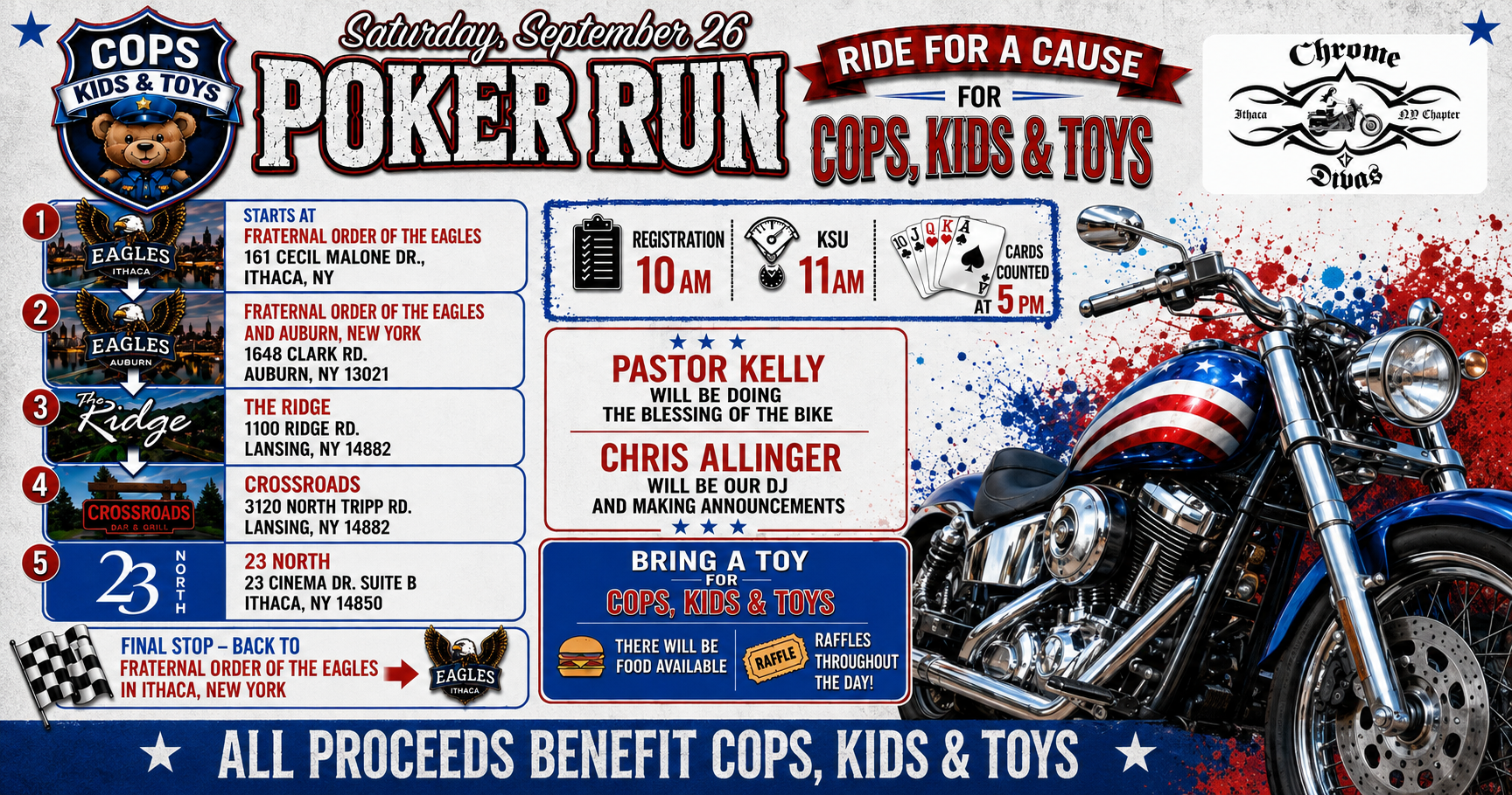Poker run fundraiser poster with biker, American flag colors, and text for cops, kids & toys.