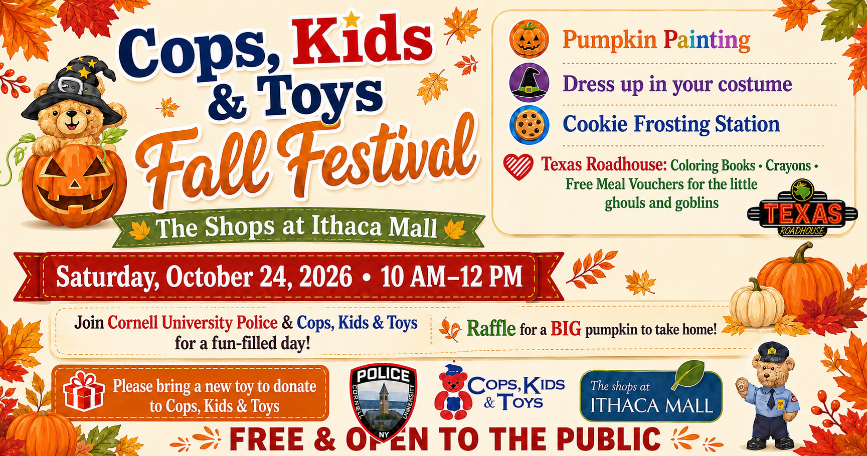 Cops, Kids & Toys Fall Festival flyer with pumpkin painting, cookie frosting, games, and free entry