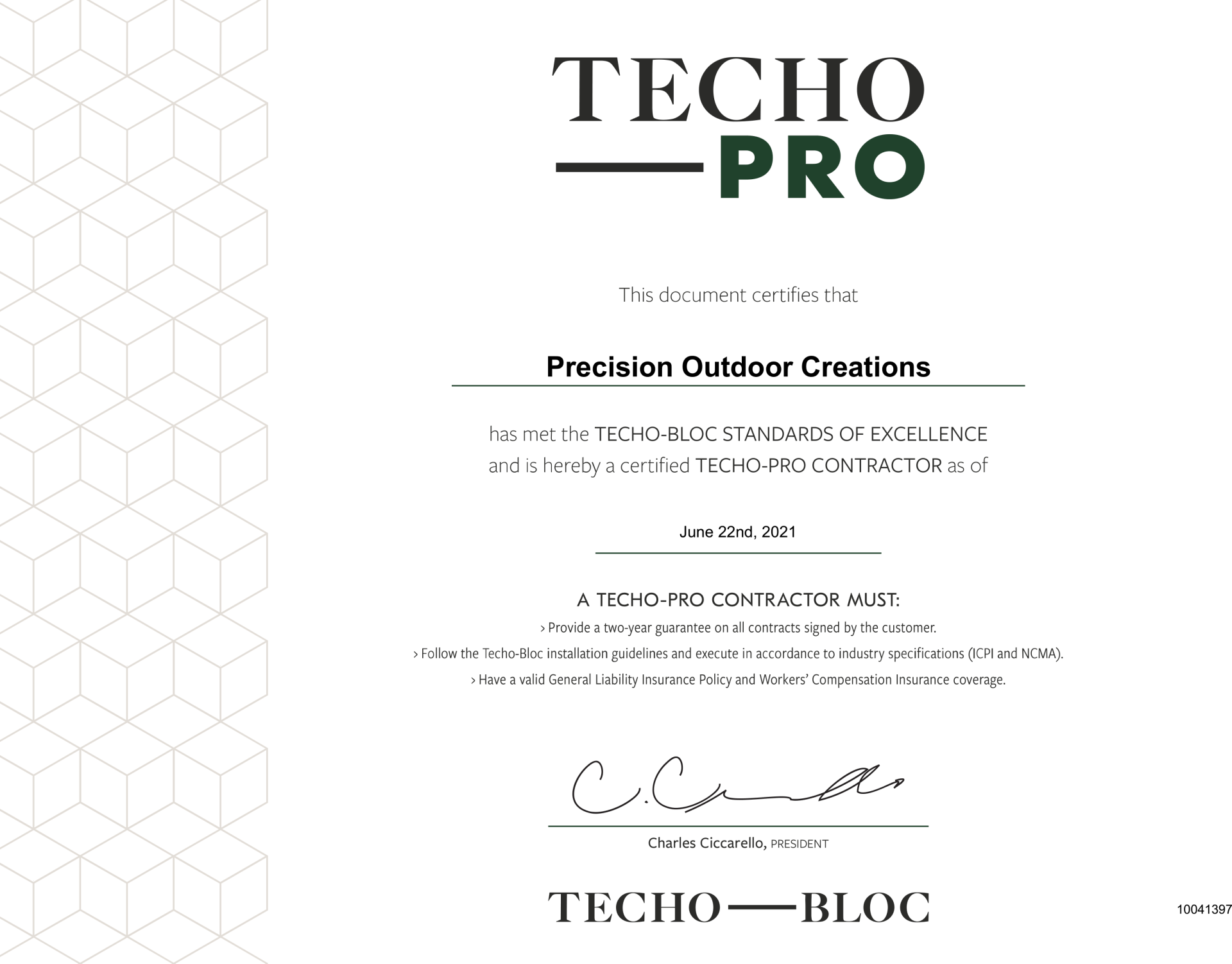 Certificate from Techo-Pro, 