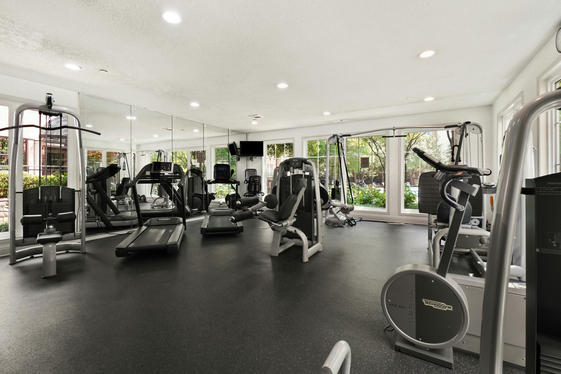 Modern gym with cardio and strength machines, black flooring, and large windows overlooking greenery