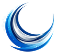 Abstract blue and silver crescent swirl logo on a white background