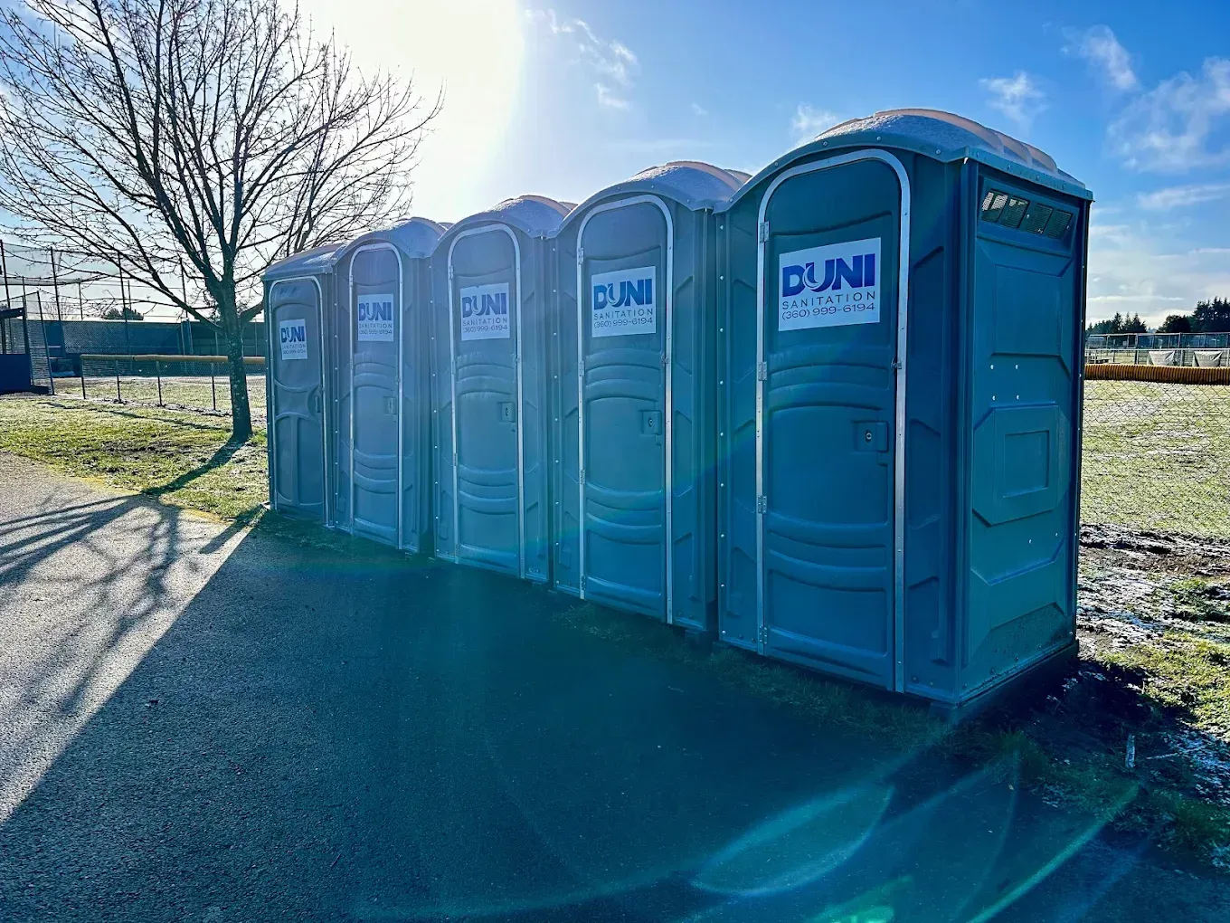 Row of blue portable toilets beside a road on a sunny day