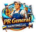 PR General Painting LLC logo with smiling painter holding brush and ladder, in blue and orange