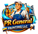 PR General Painting LLC logo with smiling painter holding brush and ladder, in blue and orange