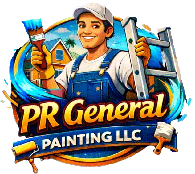 PR General Painting LLC logo with smiling painter holding brush and ladder, in blue and orange