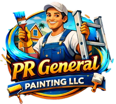 PR General Painting LLC logo with smiling painter holding brush and ladder, in blue and orange