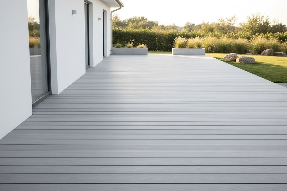 Modern gray deck beside a white house, bordered by grass and trees in warm sunlight