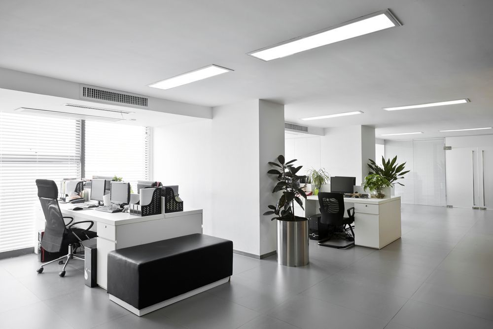 Modern white office interior with desks, chairs, plants, and bright overhead lighting
