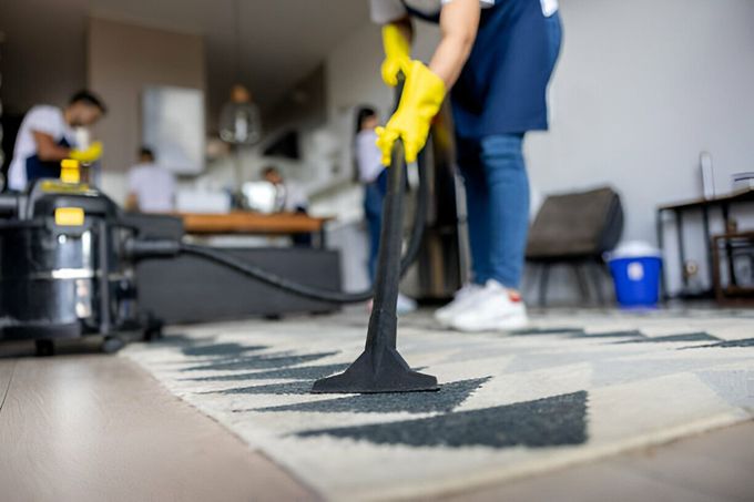 Person vacuuming a rug, wearing yellow gloves, while other people clean in the background of a room.