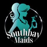 Logo for Southbay Maids, featuring a teal silhouette of a woman holding a spray bottle, set within a silver circle.