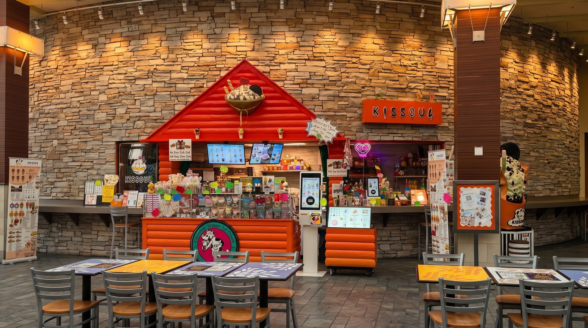 Stone-walled café counter with a red-roofed kiosk, colorful menus, and empty tables in front