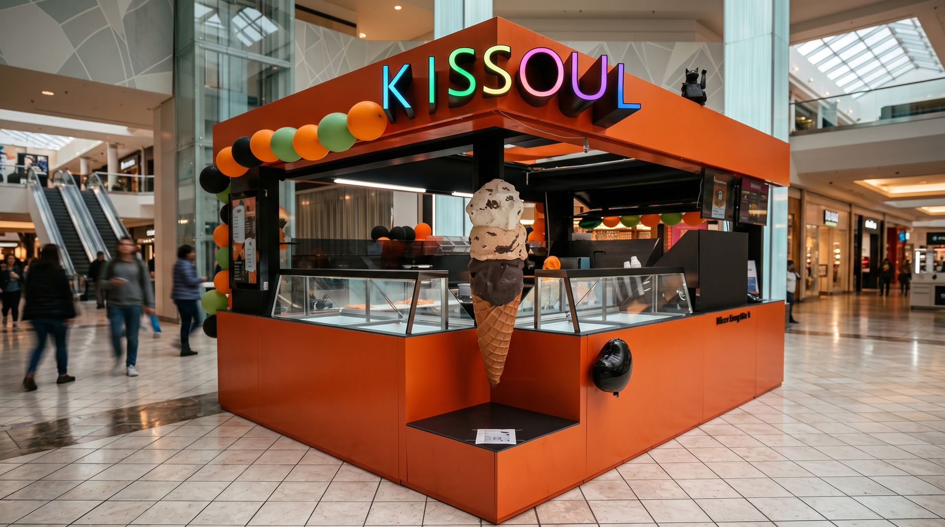 Orange KISSOU ice cream kiosk in a shopping mall with a large cone display and glass counter