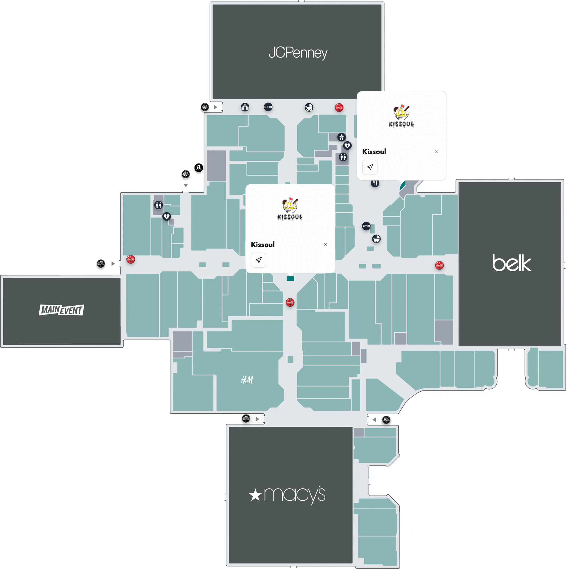Floor plan map of a mall with store blocks and corridors labeled in gray, teal, and white.