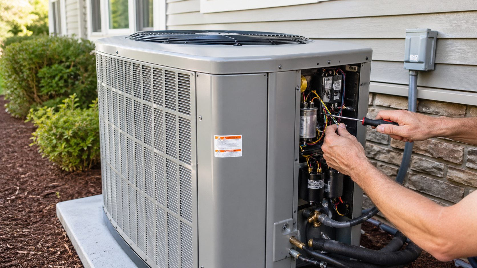Technician repairing an outdoor air conditioner unit beside a house.