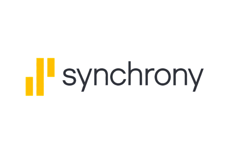 Synchrony logo with yellow bars and gray wordmark on white background