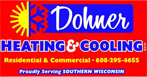 Dohner Heating & Cooling logo with sun and snowflake on red-blue background; residential and commercial.