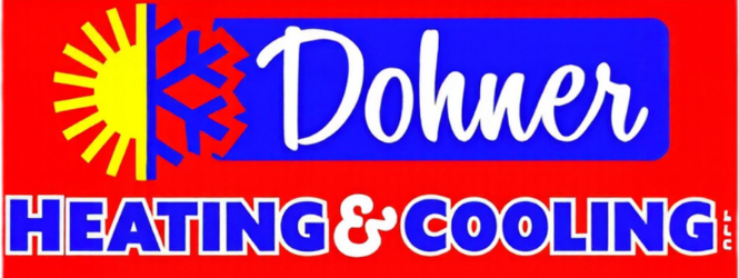 Dohner Heating & Cooling logo on a red and blue background with a yellow sun icon