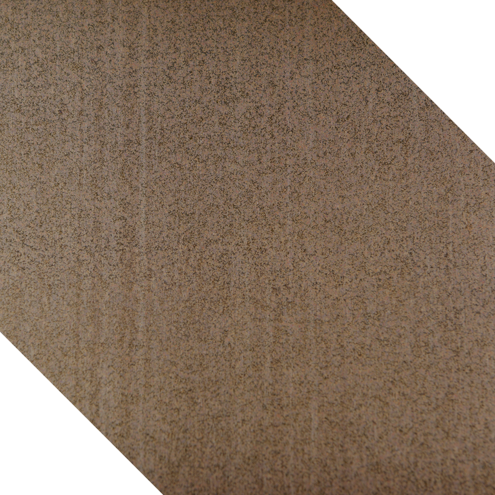 Brown textured surface with small black speckles.