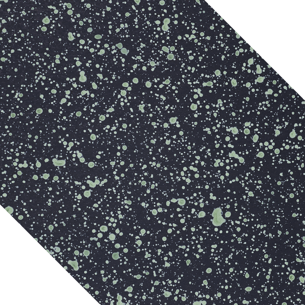 Dark blue background with light green splattered paint pattern.