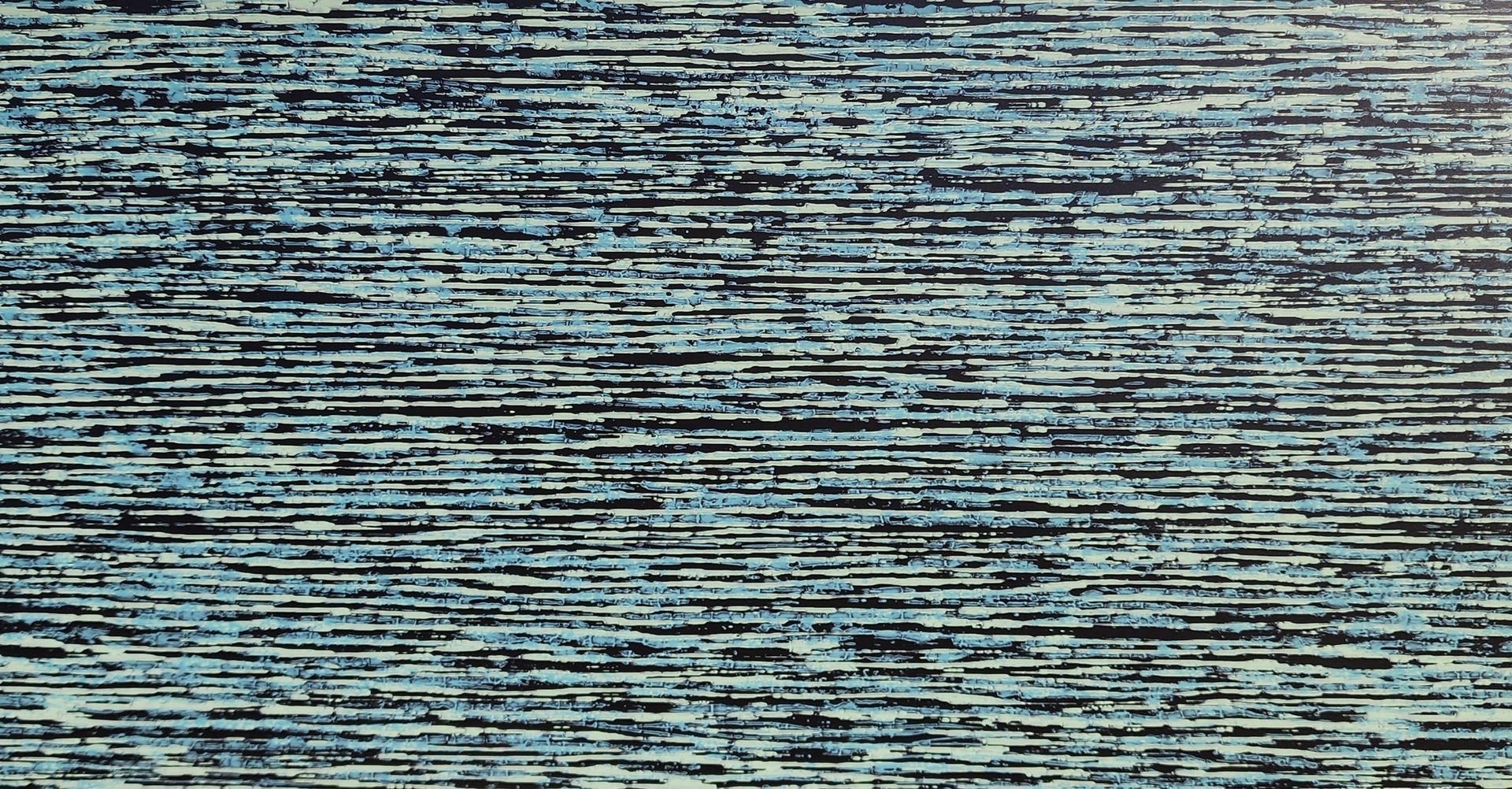 Abstract painting with horizontal lines in blue, black, and white.