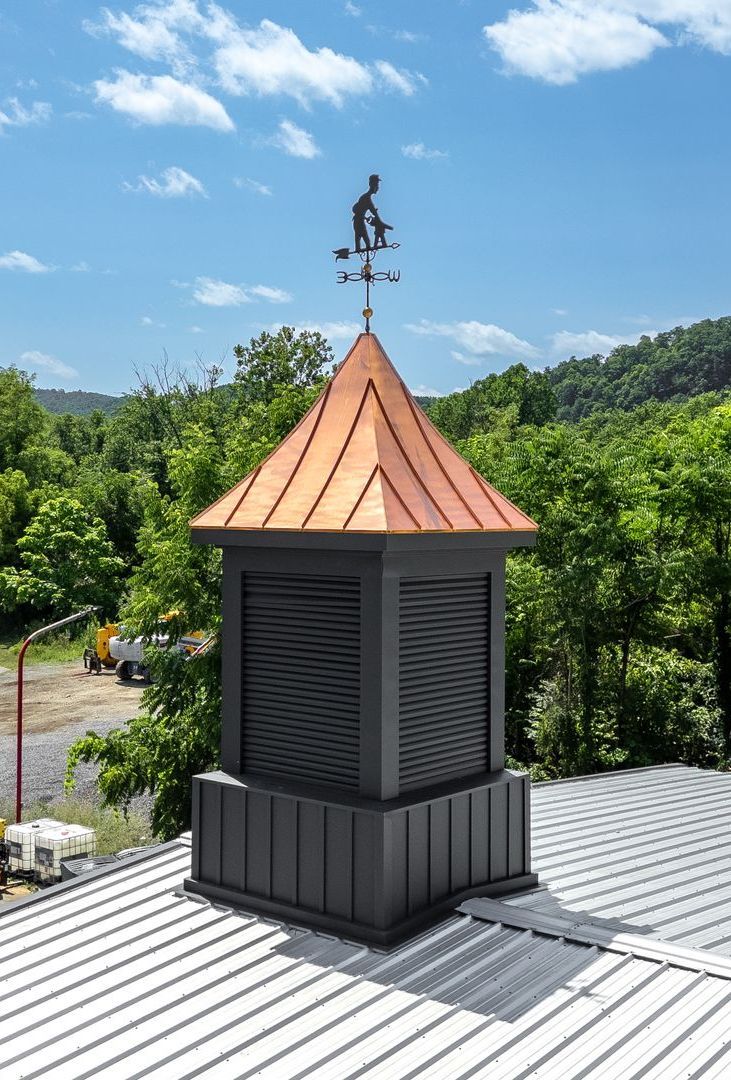 Copper-roofed cupola on a building's roof, topped with a weather vane of a person.