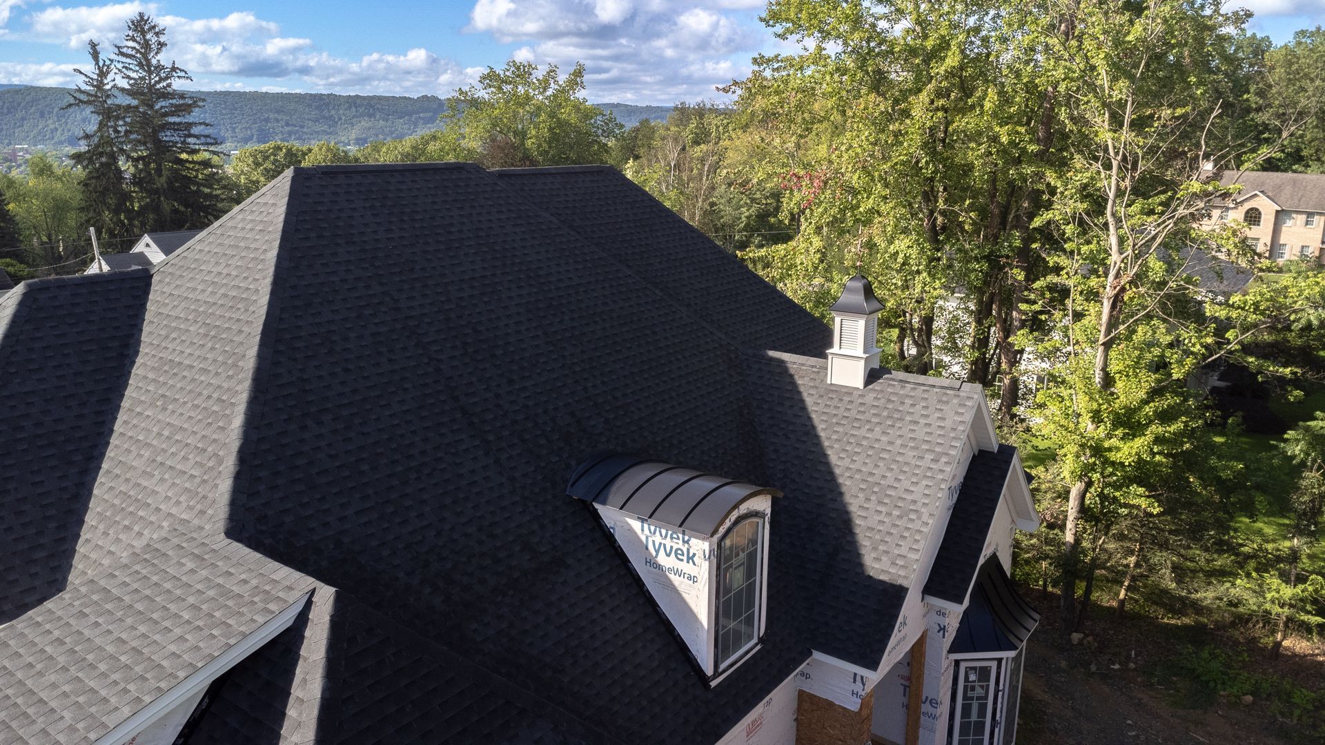 Black asphalt shingle roof on a house with white trim and a small chimney. Green trees and a hillside in the background.