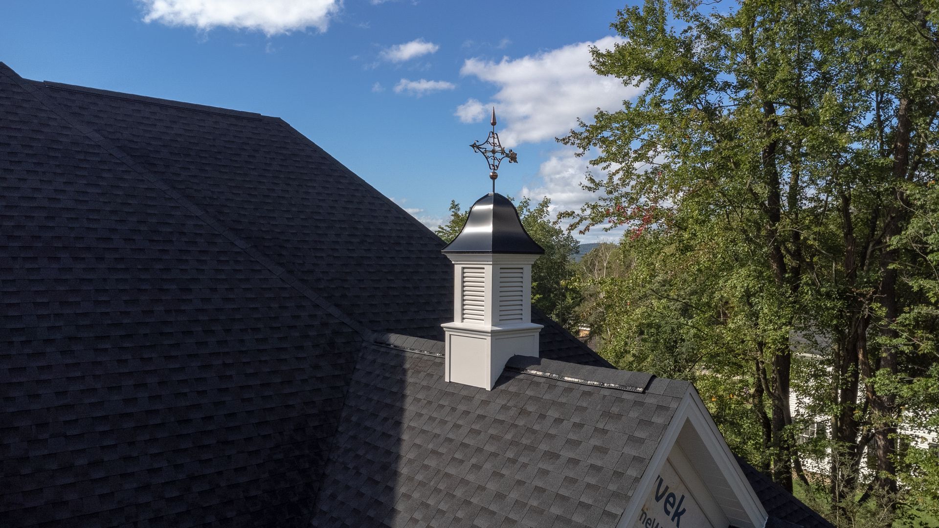 Rooftop with a black shingle roof, a white cupola, and a weather vane against a blue sky and trees.