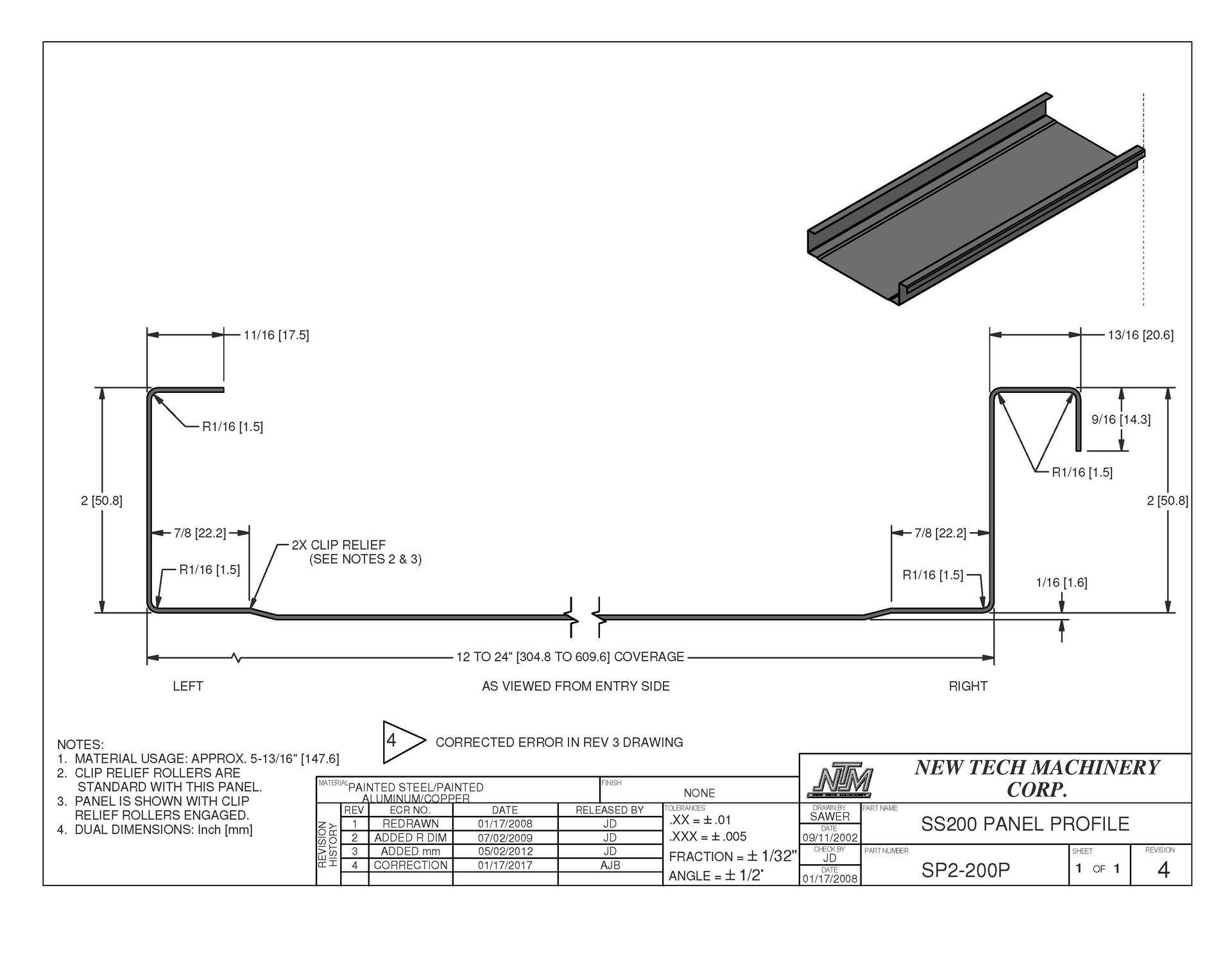 A schematic of a steel metal profile with dimensions, an isometric view, and a parts list.