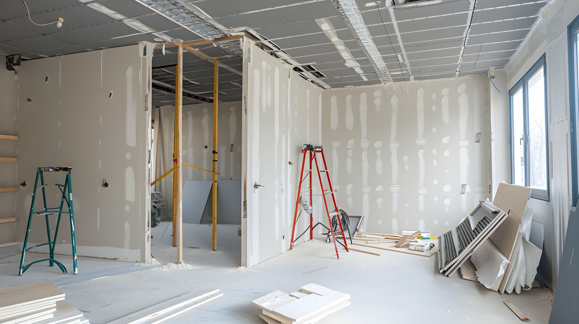 Intérieur d'une pièce en construction, les murs étant recouverts de plaques de plâtre. Des échelles et des matériaux de construction sont présents.