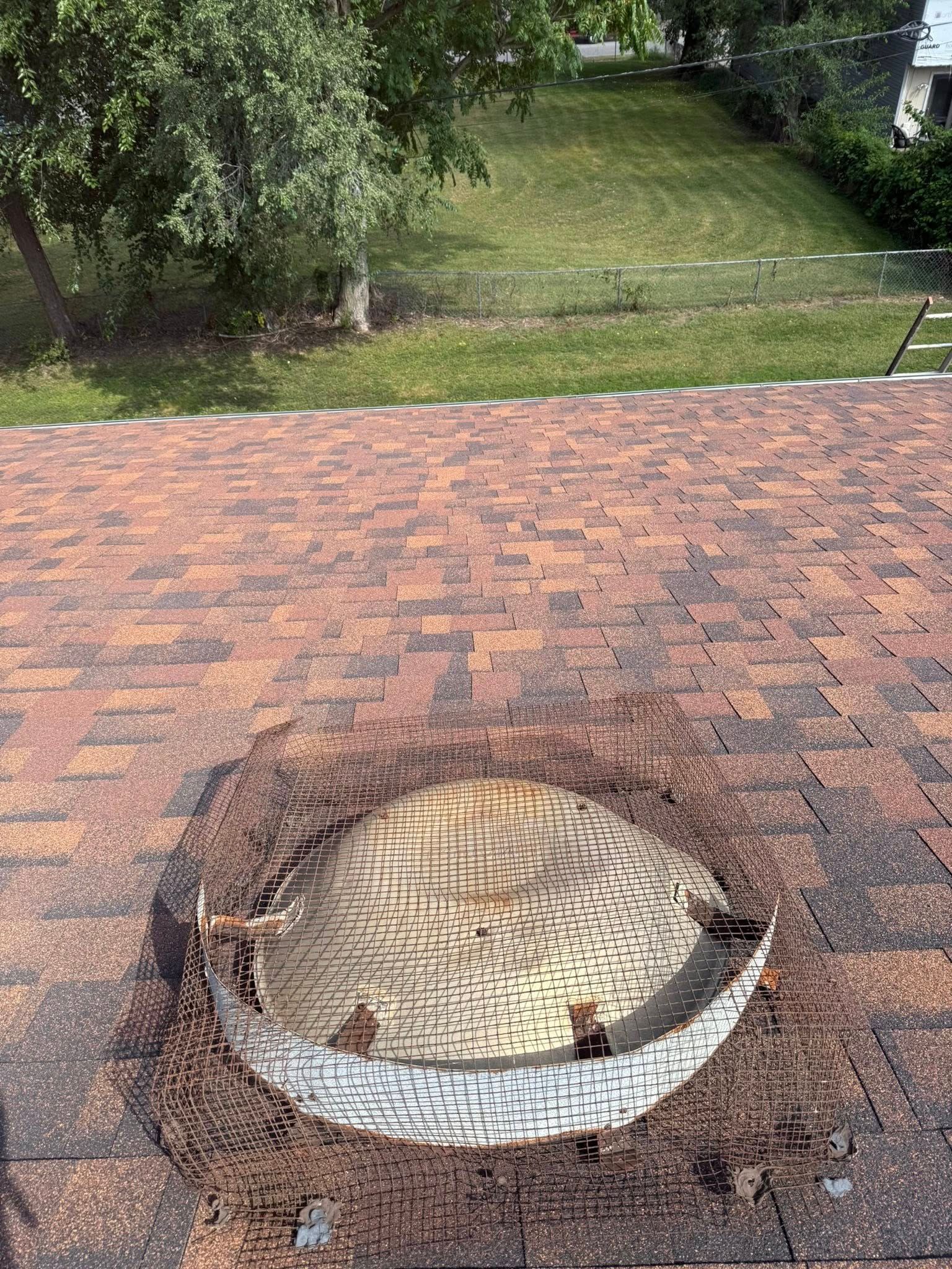 A circular hole cut into a brown shingled roof, revealing the wooden roof decking underneath.